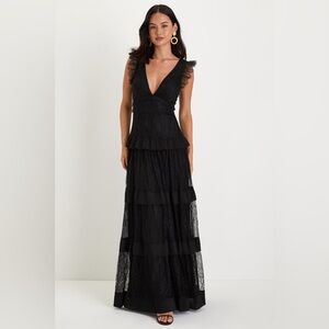 NWT Lulu’s Marvelous Darling Black Lace Ruffled Tiered Maxi Dress